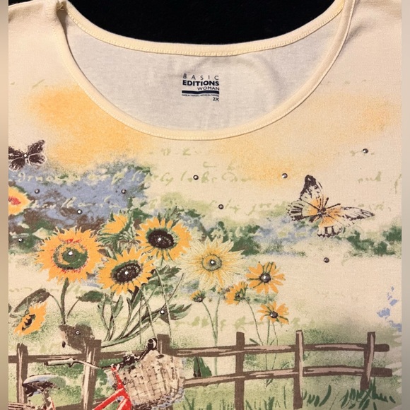 EUC Basic Editions Yellow T-Shirt Bicycle Sunflower Sparkle embellishments 2XL - Picture 3 of 7